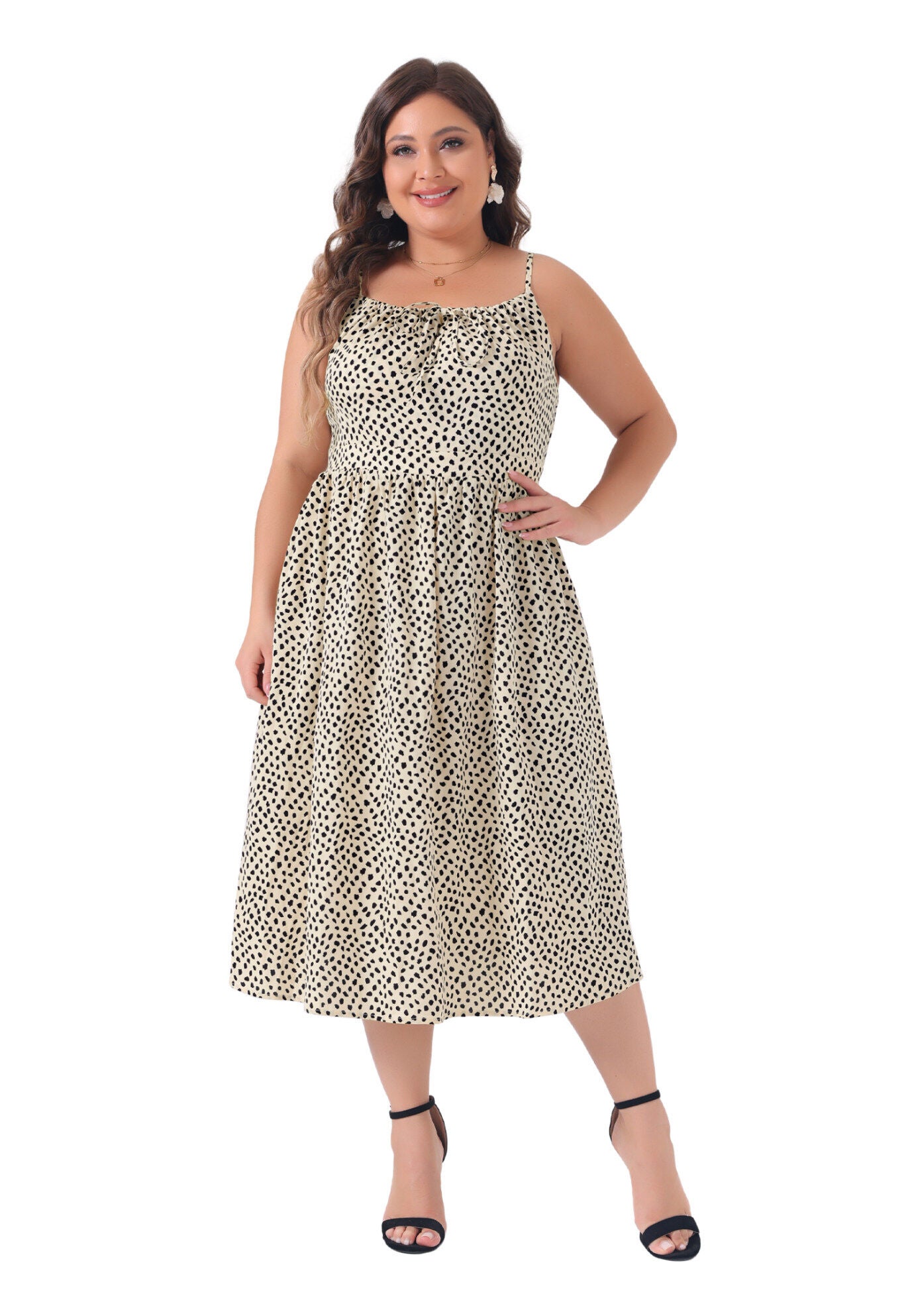 Tie Front Adjustable Spaghetti Strap Cami Midi Floral Dress, Beige / Beige, hi-res image number 0