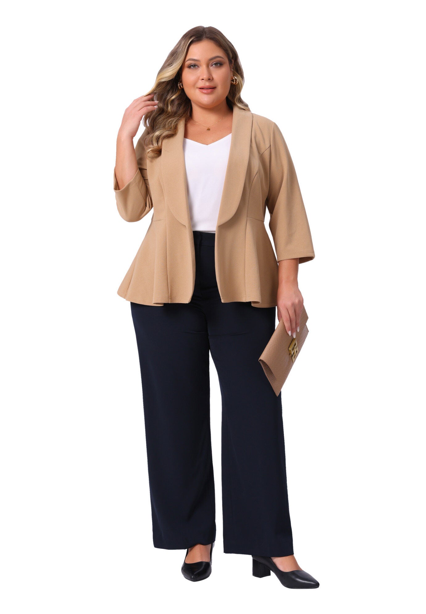 3/4 Sleeve Peplum Lapel Work Cardigan Blazer, Khaki / Beige, hi-res image number 0