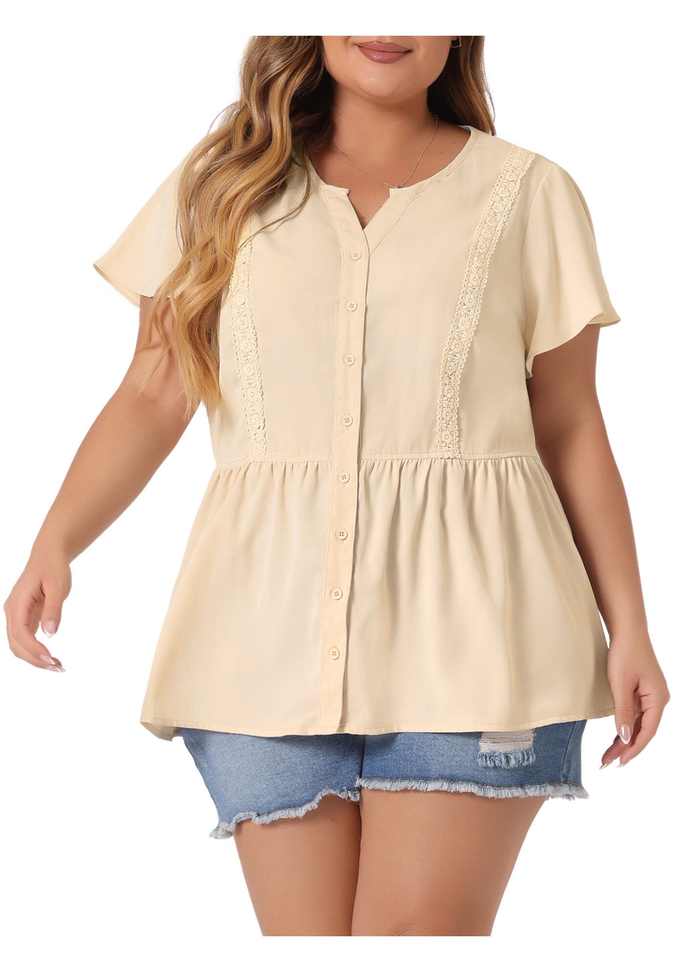 Button Down V Neck Blouse Shirt Short Sleeve Flare Peplum Top, Beige / Beige, alternate image number 2