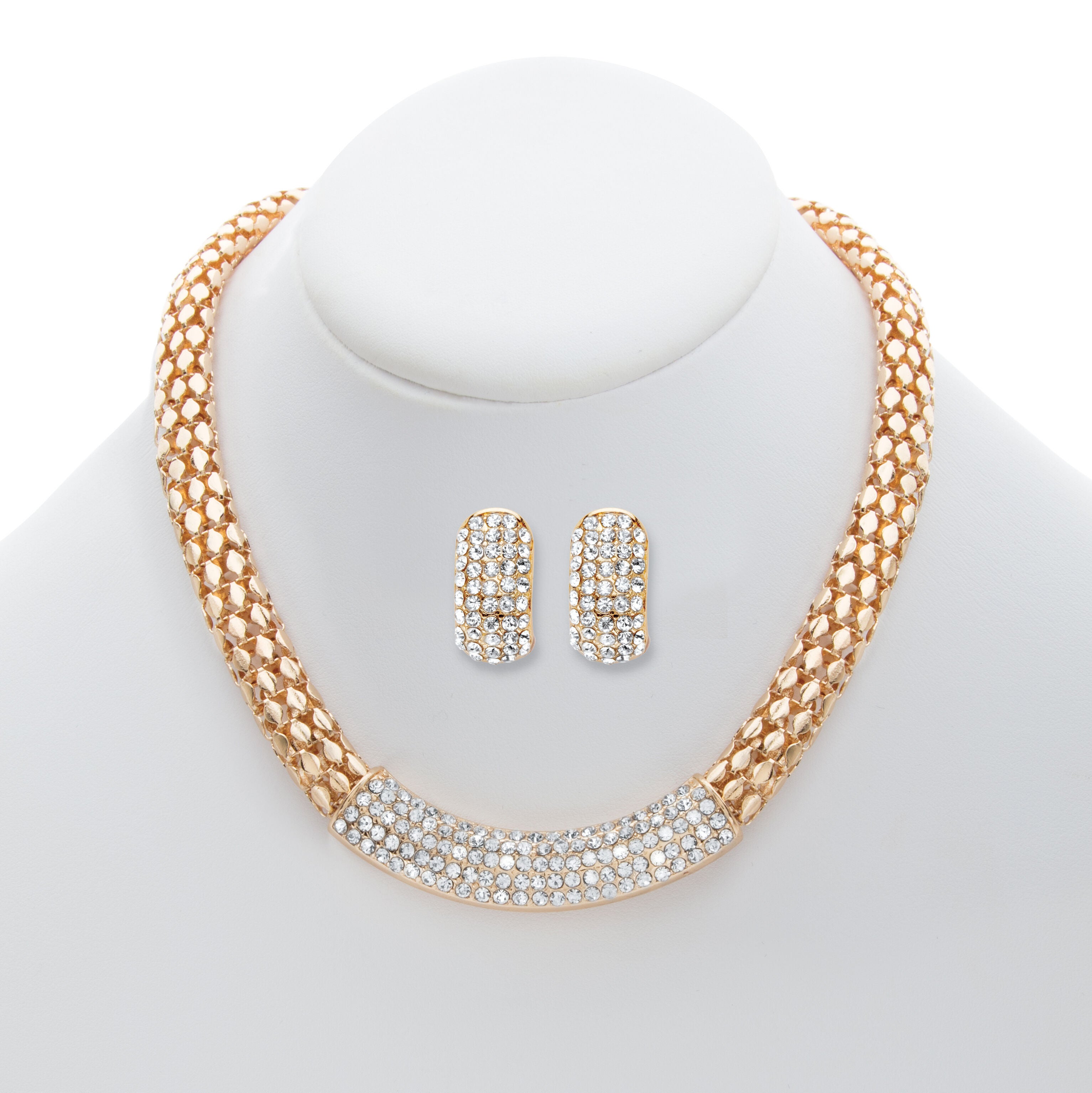 Round Crystal Goldtone Earring and Snake-Link Choker Necklace Set 17 inches-20 inches, , alternate image number 7