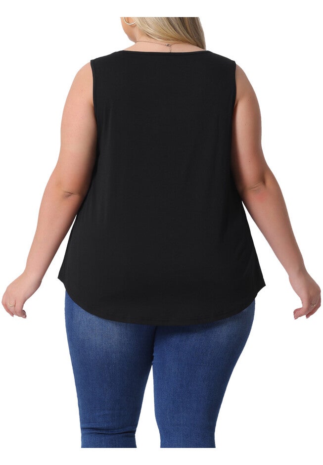 Round Neck Pleated Babydoll Boho Tank Tops, Black / Black, alternate image number 3