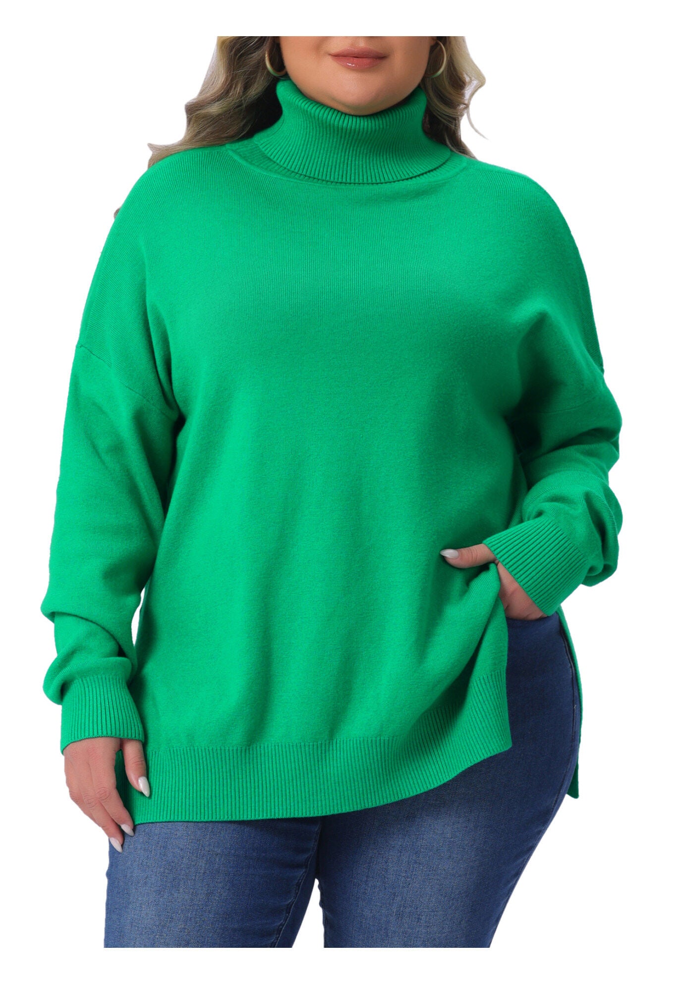 Turtle Neck Side Slit Casual Pullover Knit Top, Green / Kelly Green, alternate image number 2