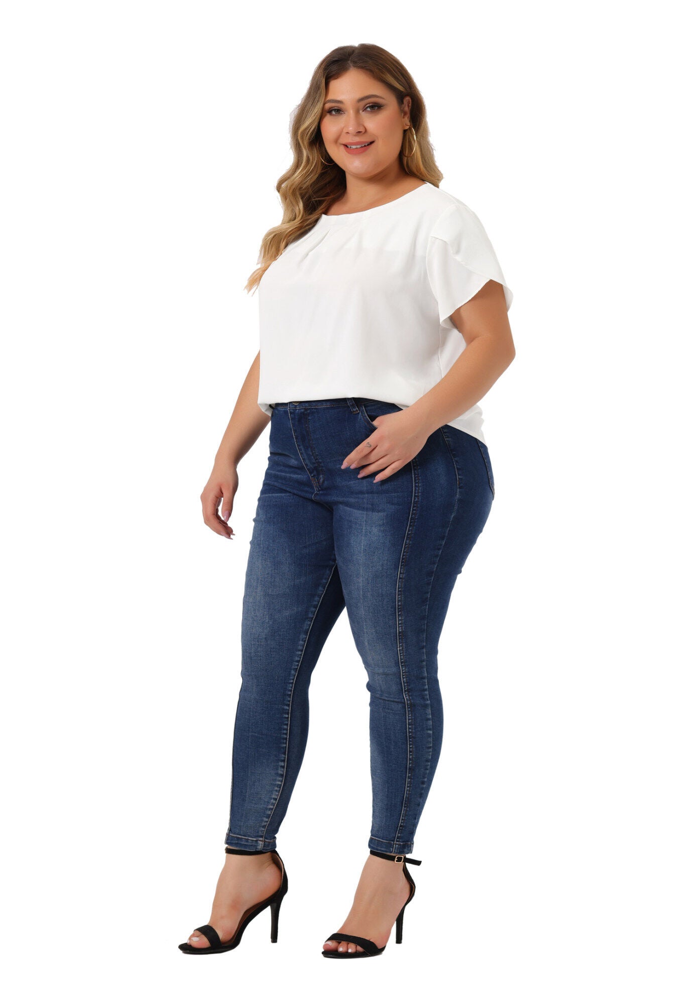 Round Neck Pleated Top Tulip Sleeves Blouse Top, White / White, hi-res image number 0