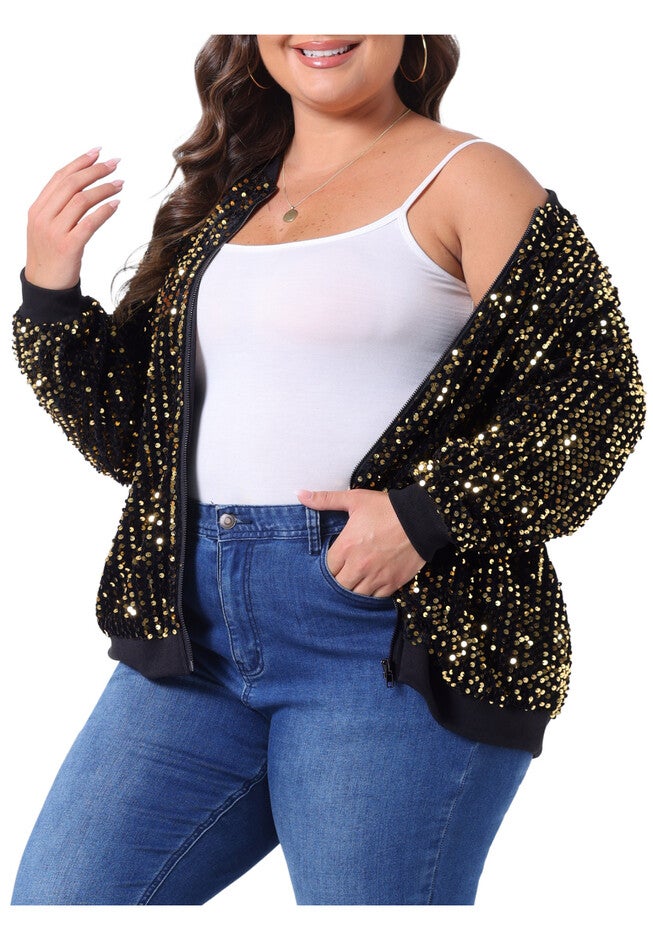SEQUIN SPARKLE FRONT ZIP BOMBER JACKET, Gold / Gold, alternate image number 2