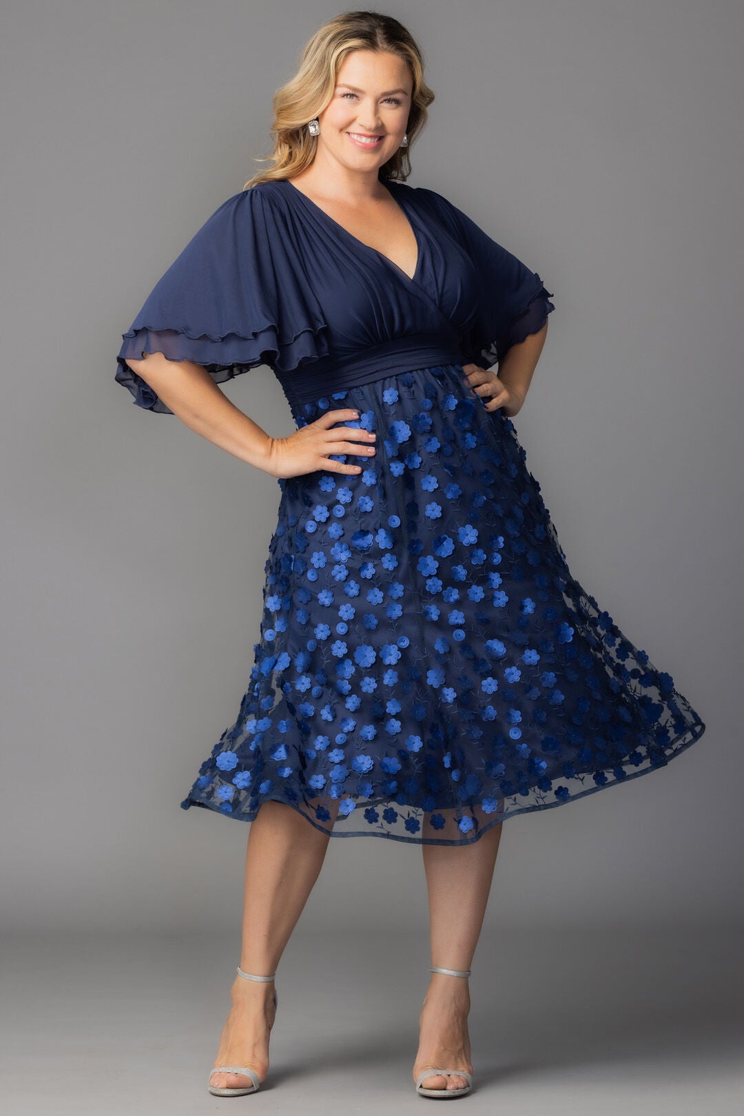 Pretty Petals Mesh Cocktail Dress, Navy Blossoms / Navy, alternate image number 3