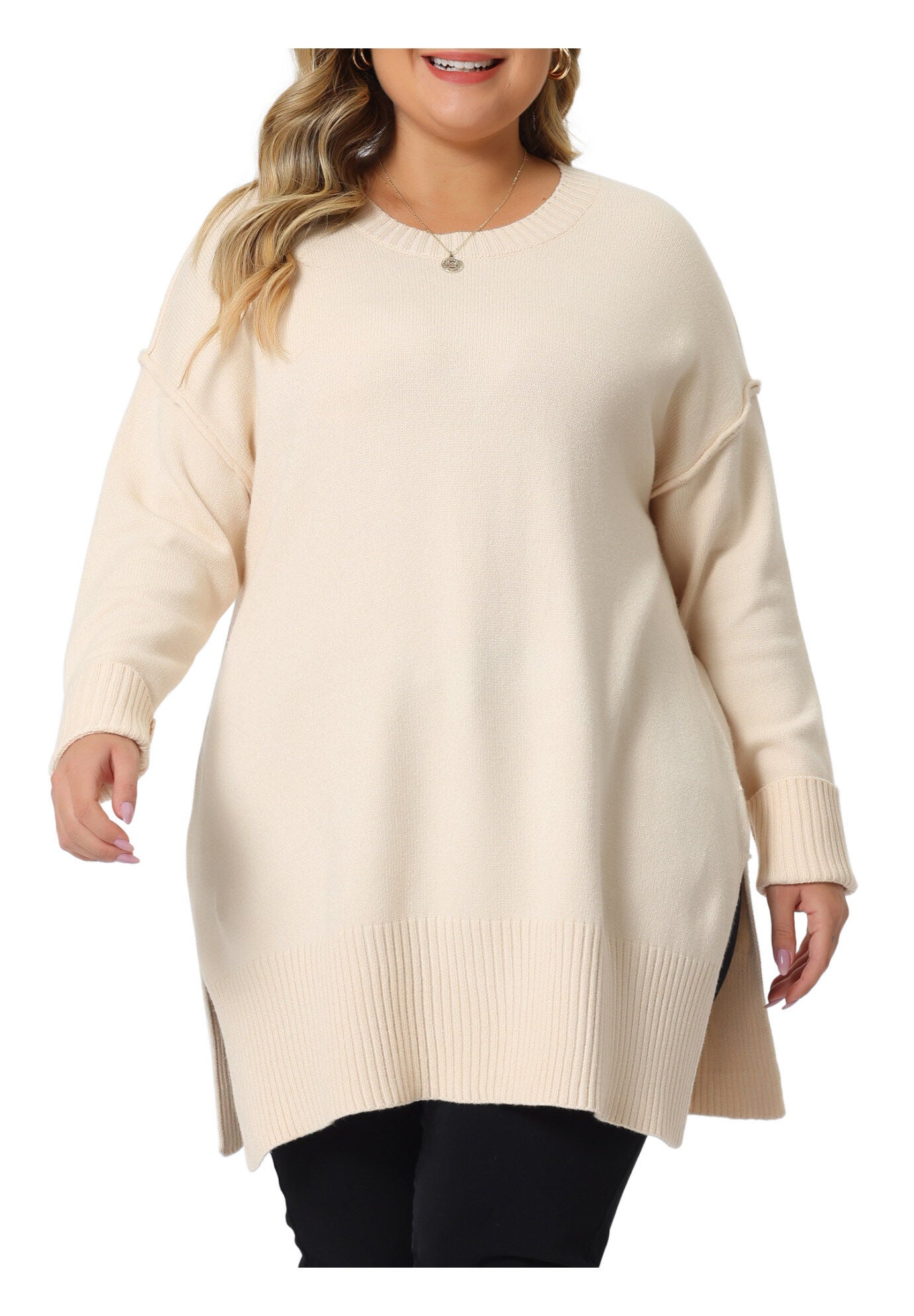 OVERSIZED CREW NECK LONG SLEEVE SLIT HEM KNIT PULLOVER SWEATER, Apricot / Cream, alternate image number 1