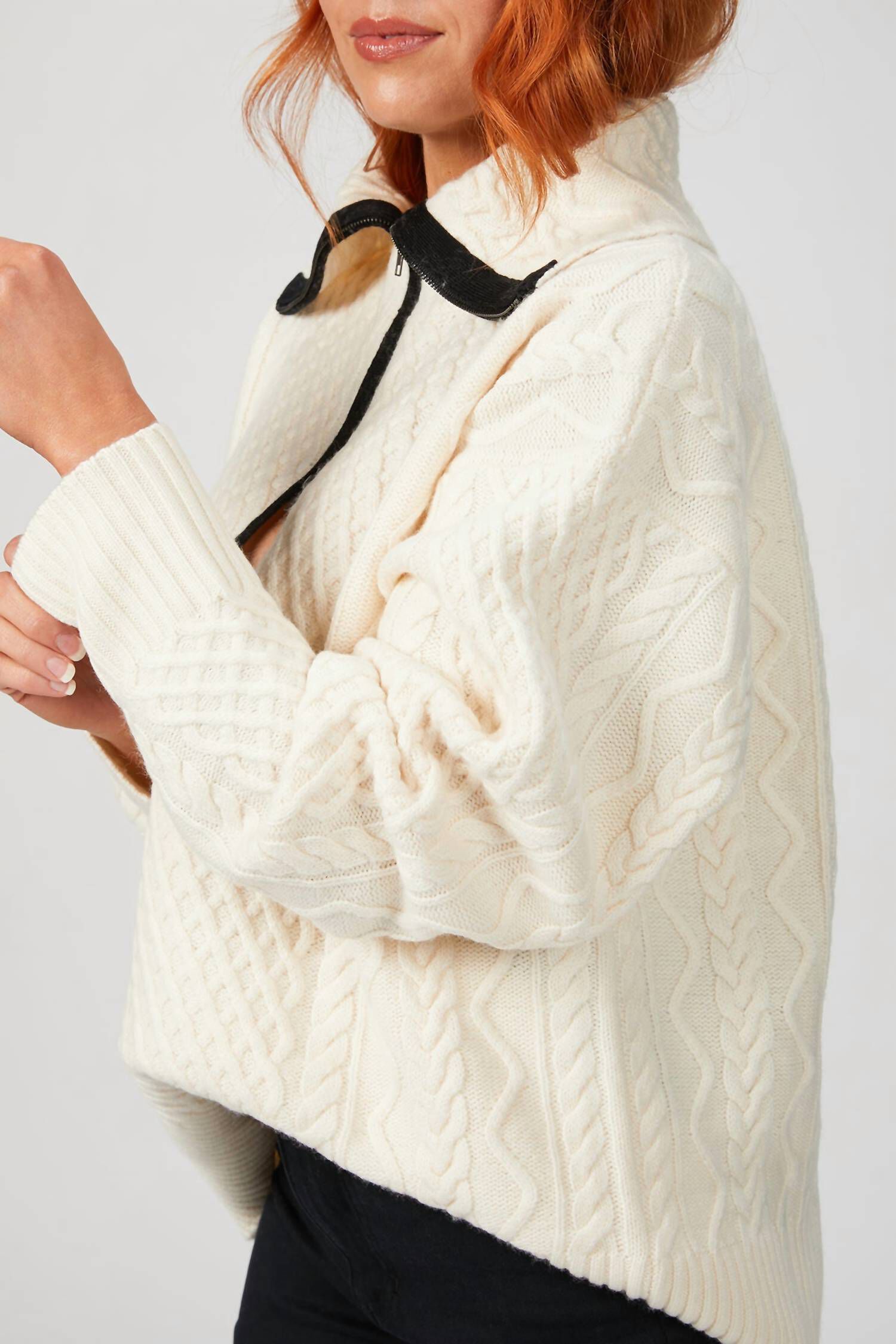 CABLE KNIT KEY HOLE SWEATER IN IVORY, Ivory / White, alternate image number 1