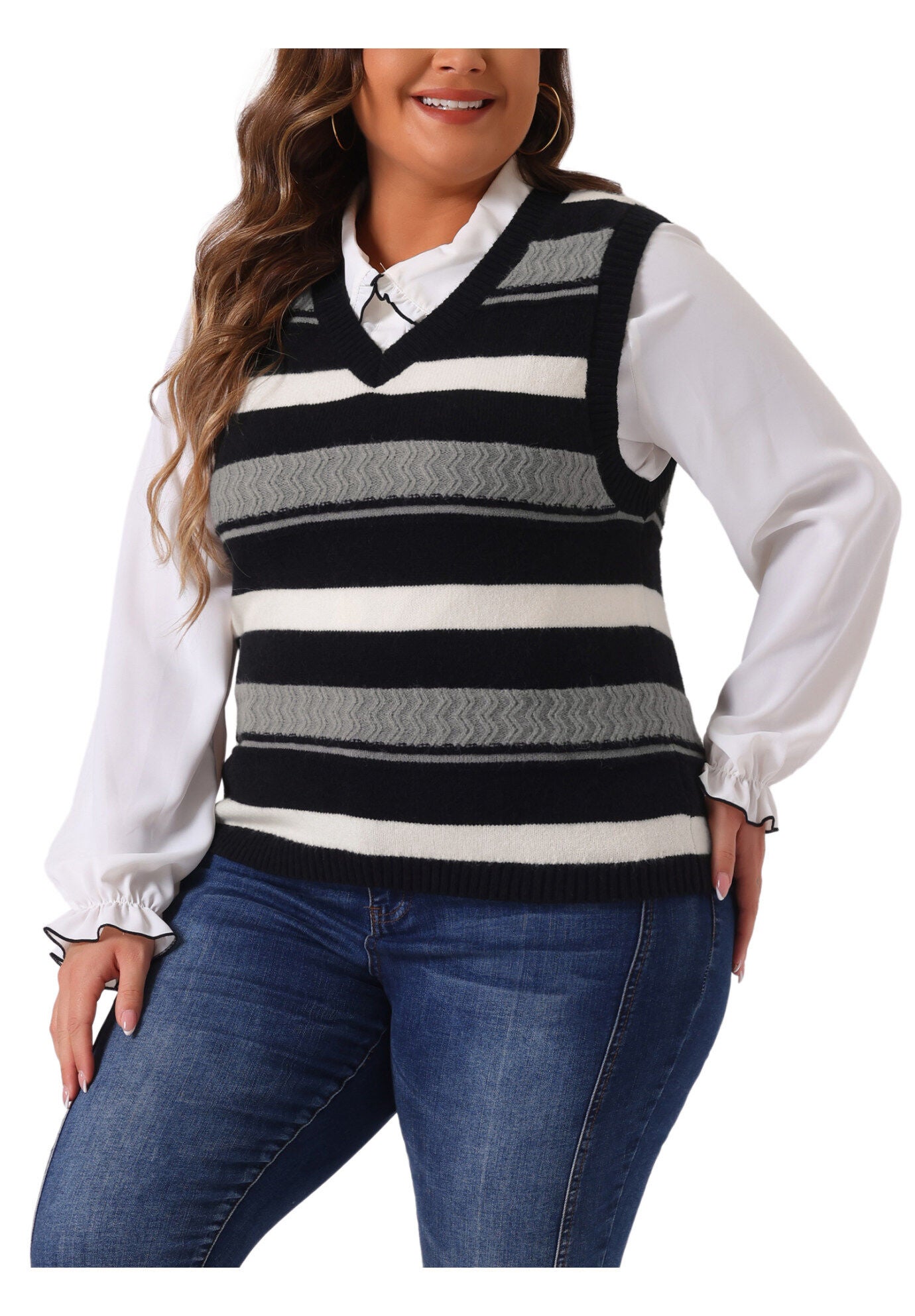 V Neck Striped Knit Casual Pullover Sweater Vest, Black / Black, alternate image number 2