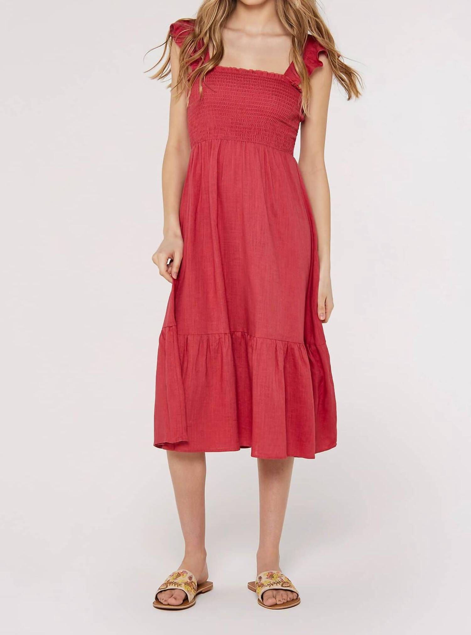 LINEN SMOCK MIDI DRESS IN RED/PINK, RedPink / Red, hi-res image number 0