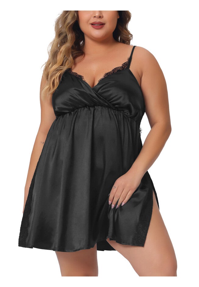SATIN LACE CHEMISE NIGHTGOWN LINGERIE SIDE SLIT SLEEPWEAR, Black / Black, alternate image number 4