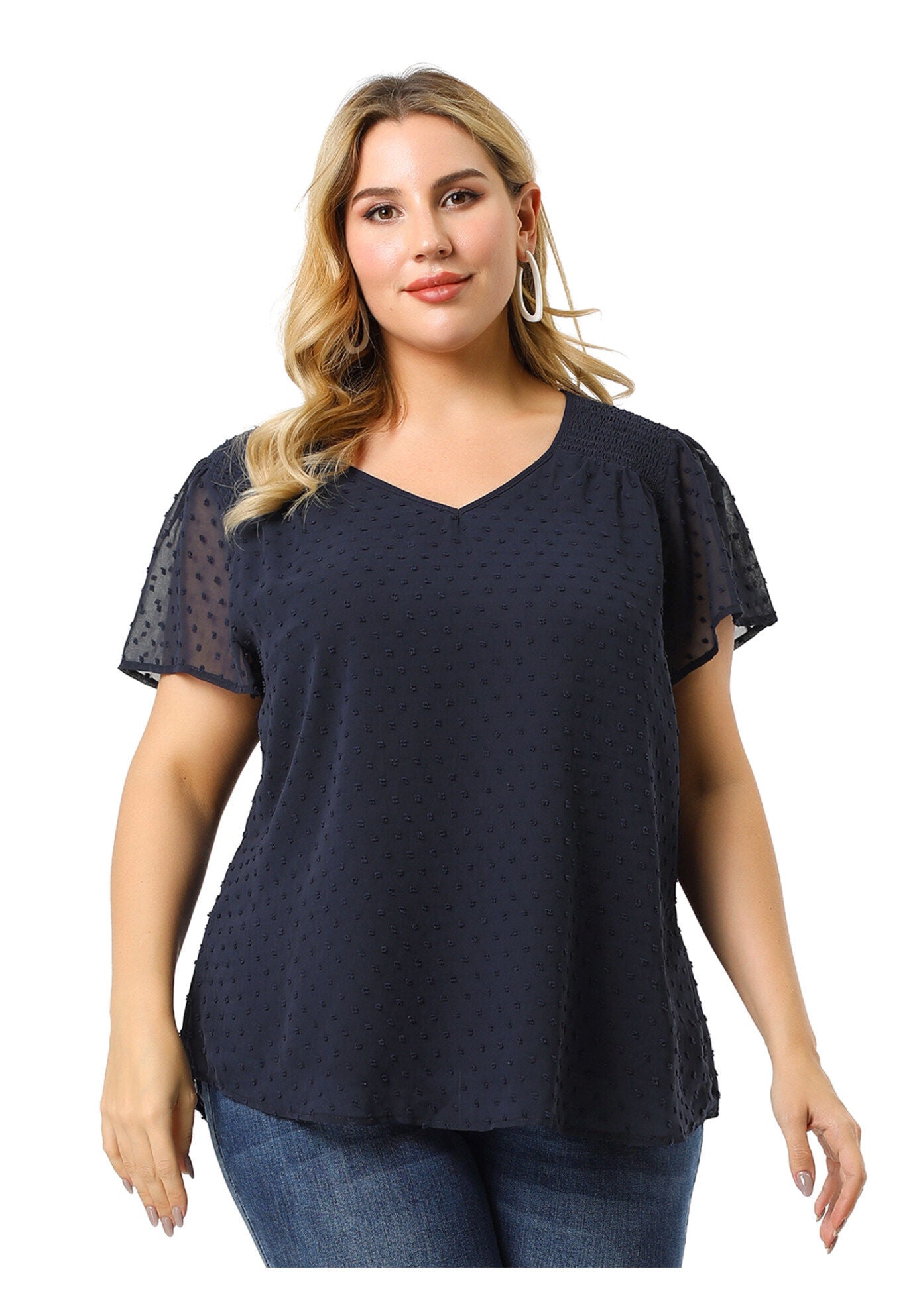 Pin Dots Smocked Flare Sleeve Blouses Tee Top, Royal Blue / Royal Blue, alternate image number 3