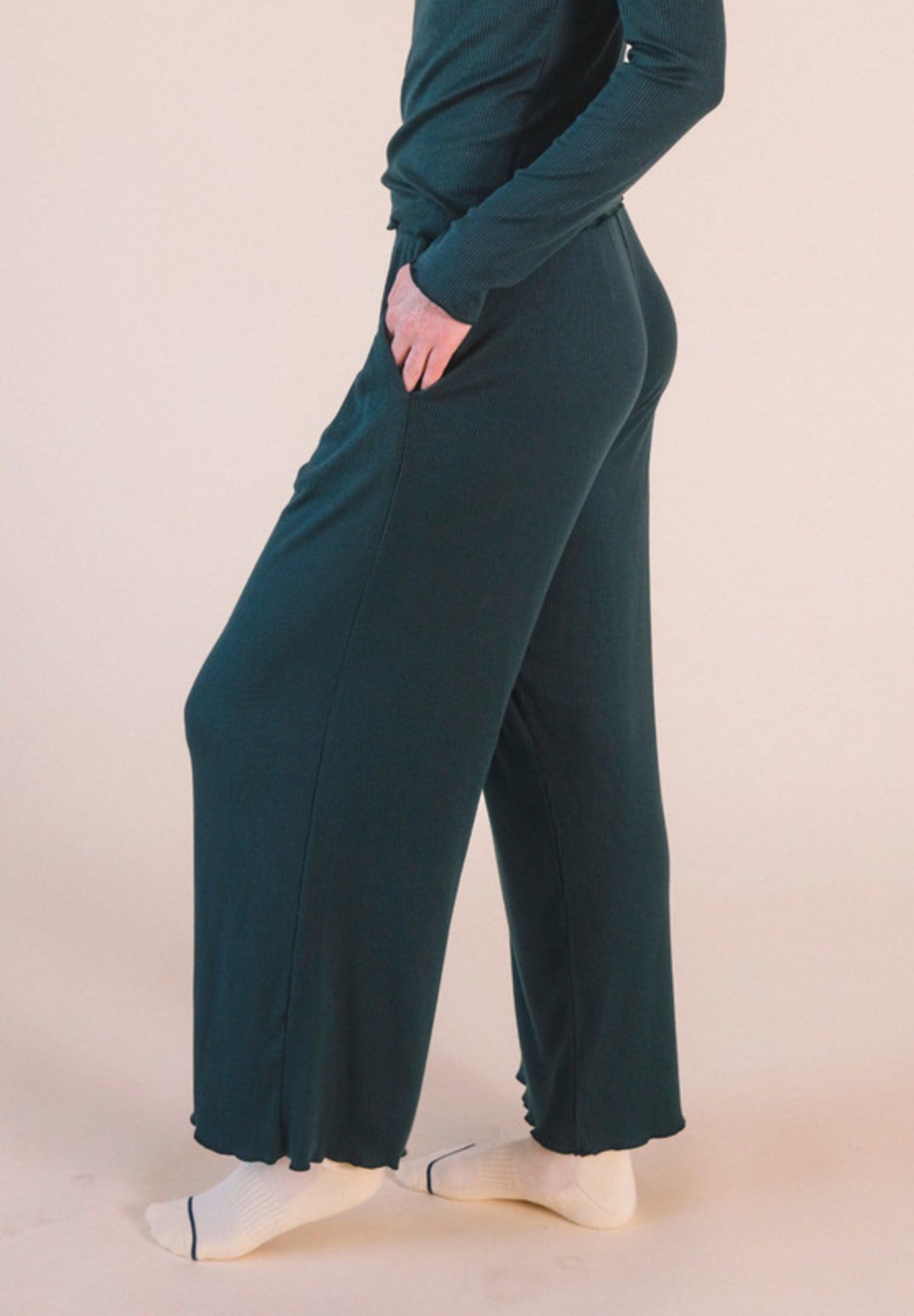 Hedy Ribbed Modal Lounge Pant, Pine / Hunter Green, alternate image number 2