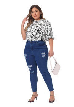 Polka Dots Printed Short Sleeve Ruffle Mock Neck Blouse