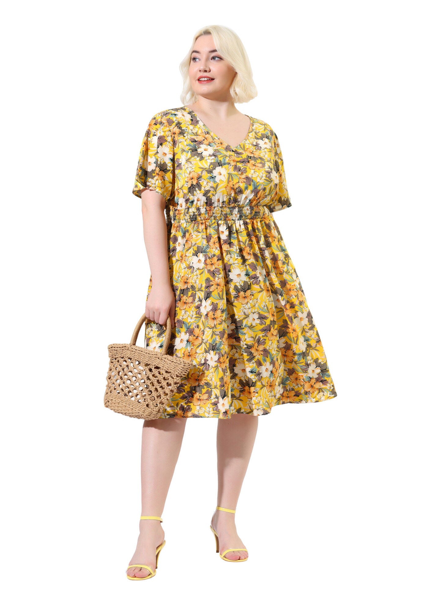 Summer Elastic Waist V Neck Short Sleeve Floral Midi Dress, Yellow / Yellow, hi-res image number 0