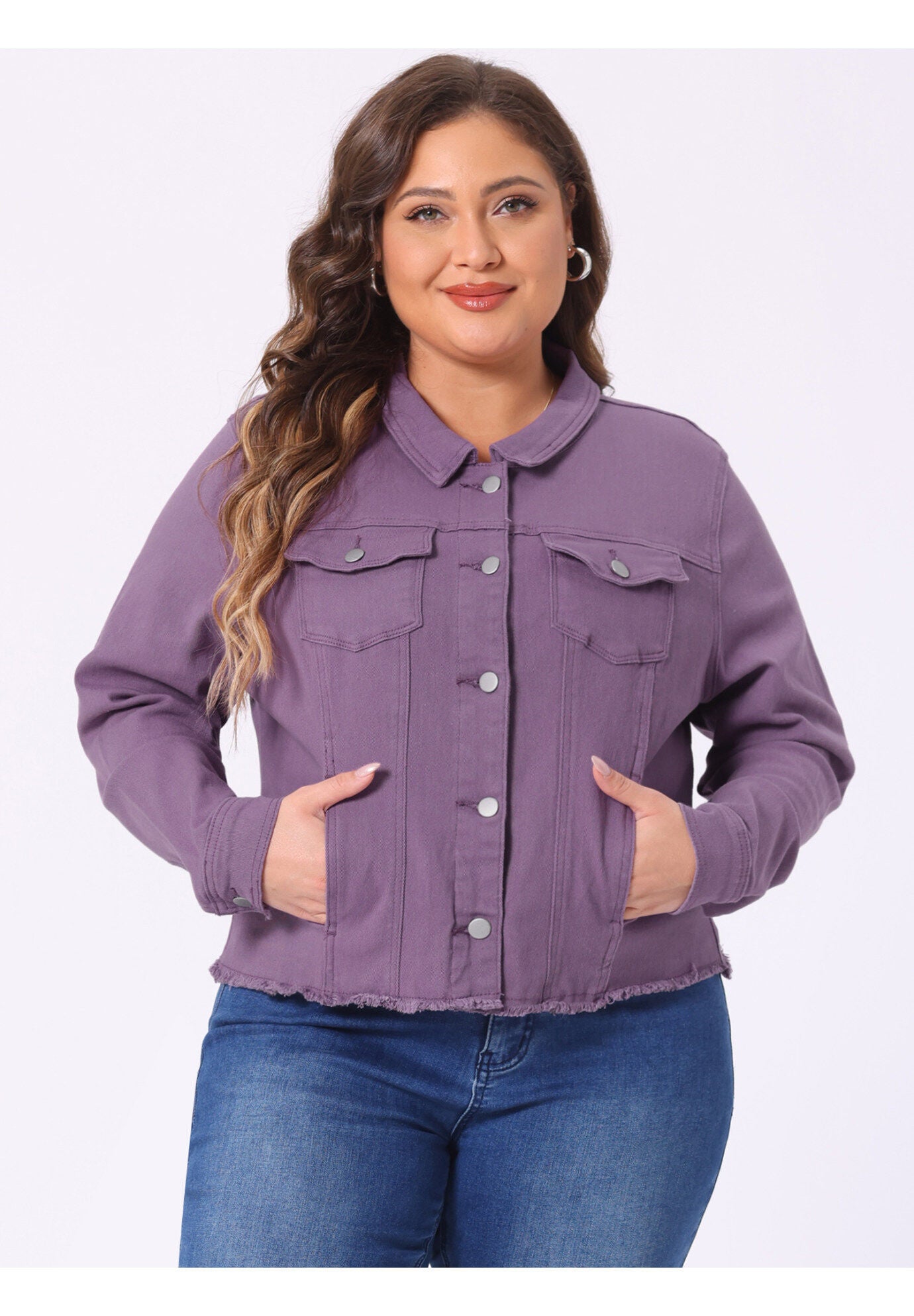 WASHED FRONT FRAYED DENIM JACKET, Purple / Purple, alternate image number 1