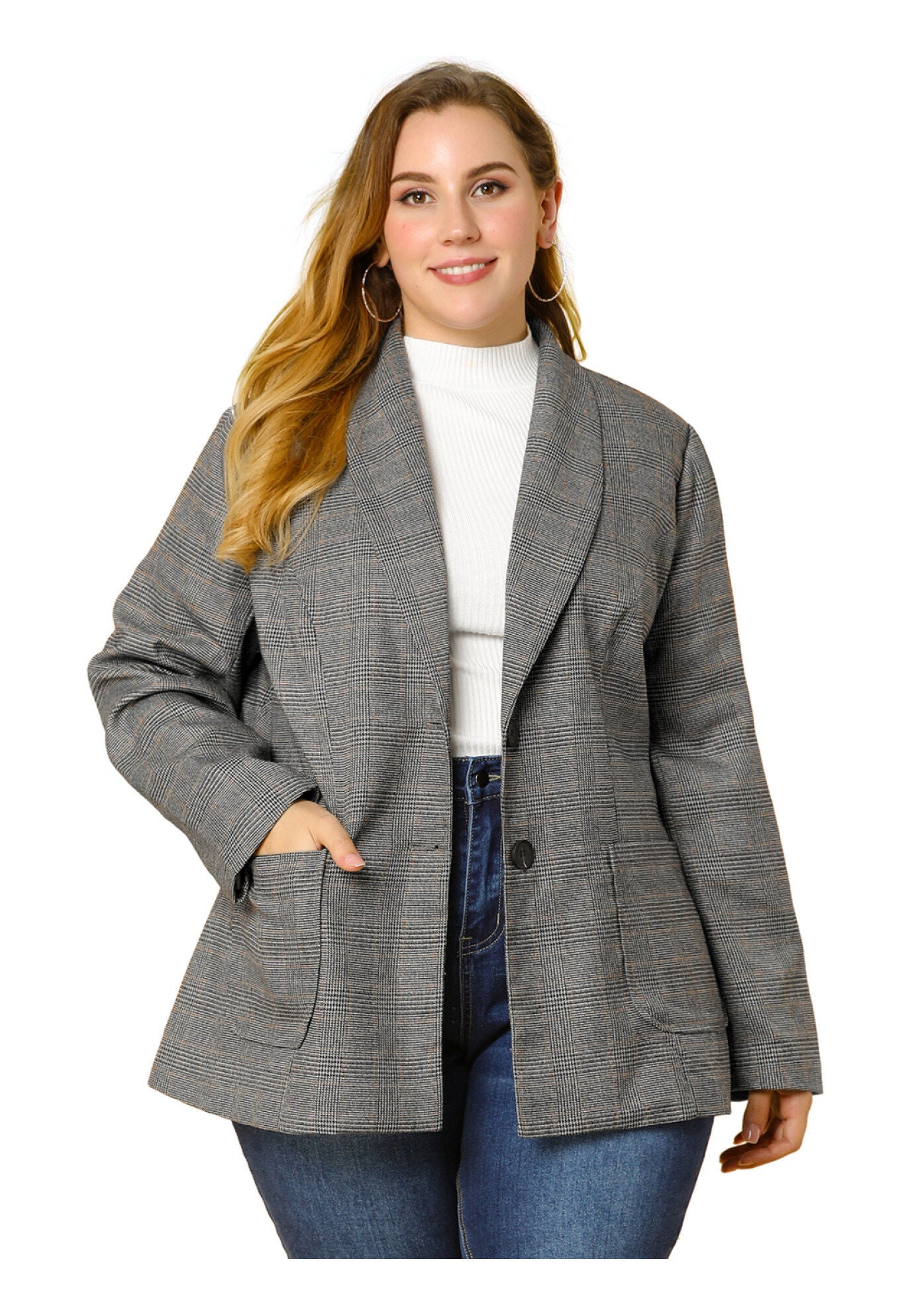 PLAID LAPEL SINGLE BREASTED BLAZER, Grey / Light Grey, alternate image number 3