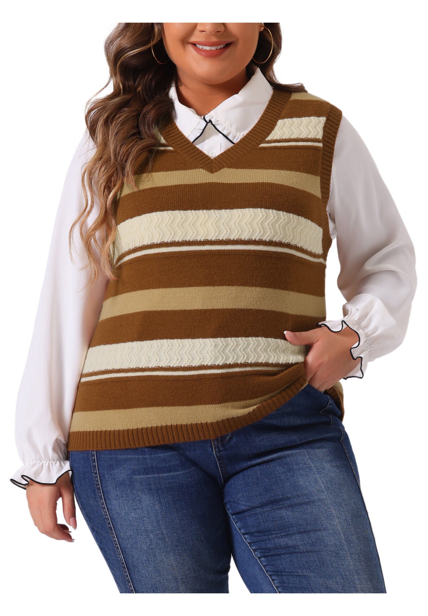 V Neck Striped Knit Casual Pullover Sweater Vest, Brown / Brown, alternate image number 2