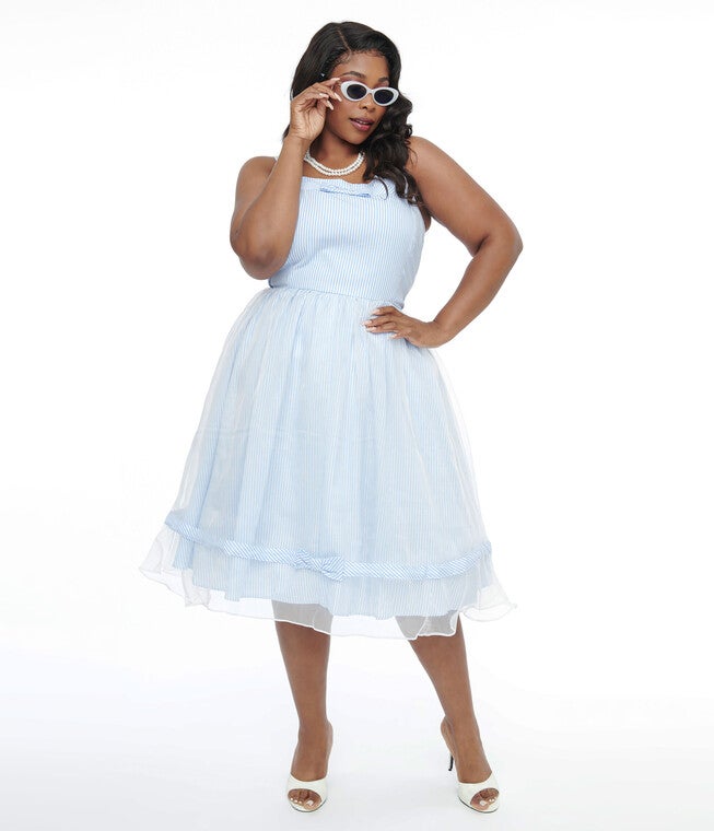 Barbie x Unique Vintage 1960s Blue & White Stripe Movie Date Swing Dress, , alternate image number null