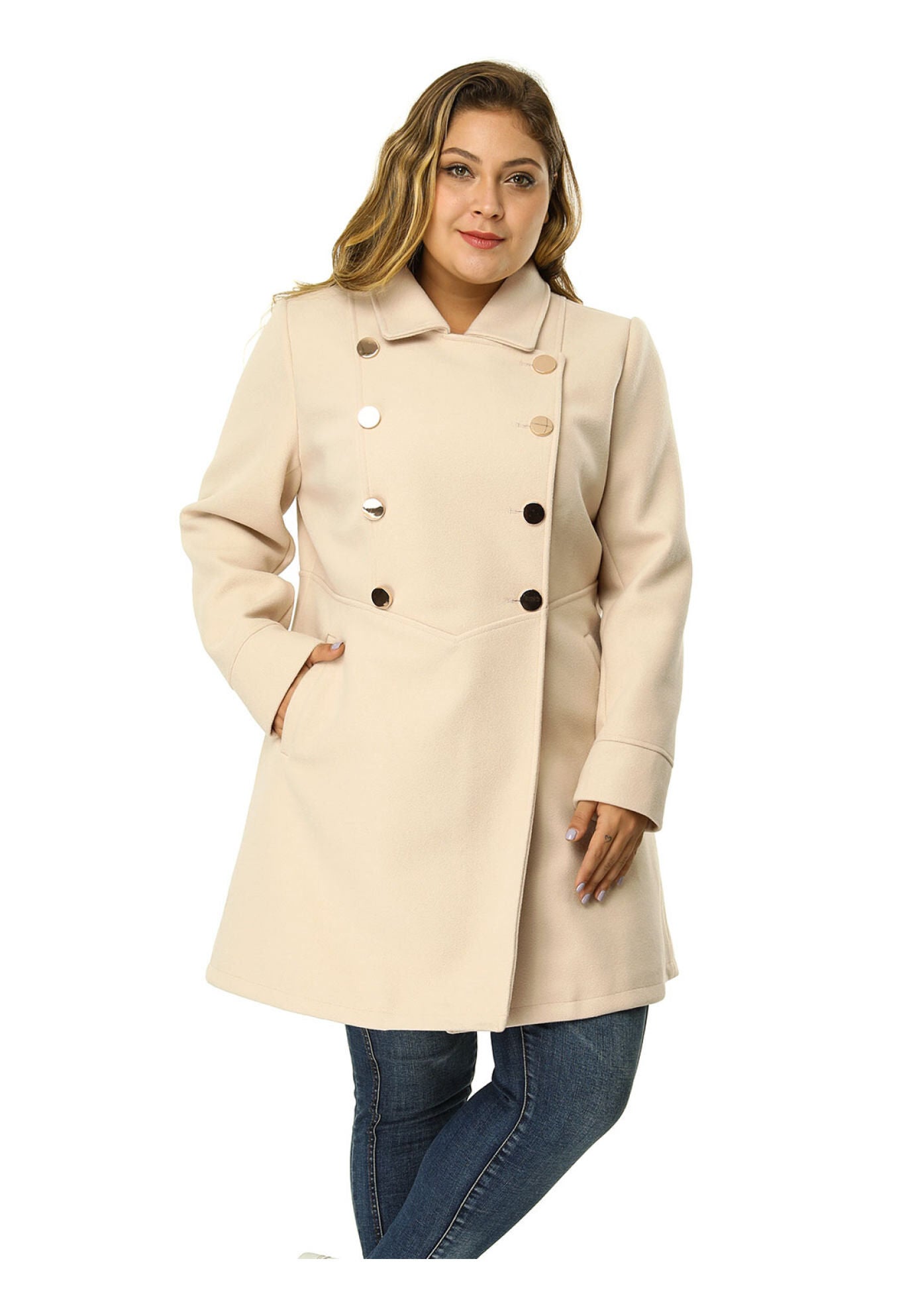 A-Line Peter Pan Collar Double Breasted Peacoat, Beige / Beige, alternate image number 1