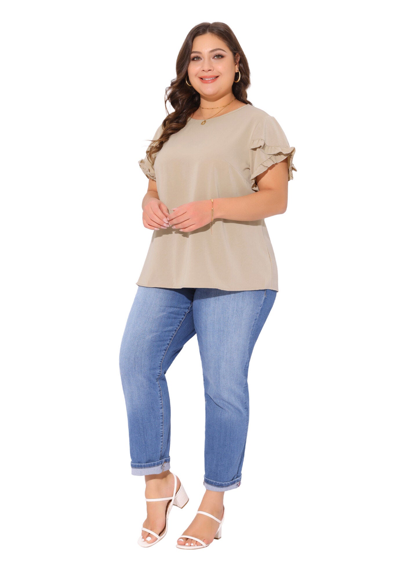 Crewneck Ruffle Short Sleeve Loose Blouse, Deep Apricot / Beige, hi-res image number 0