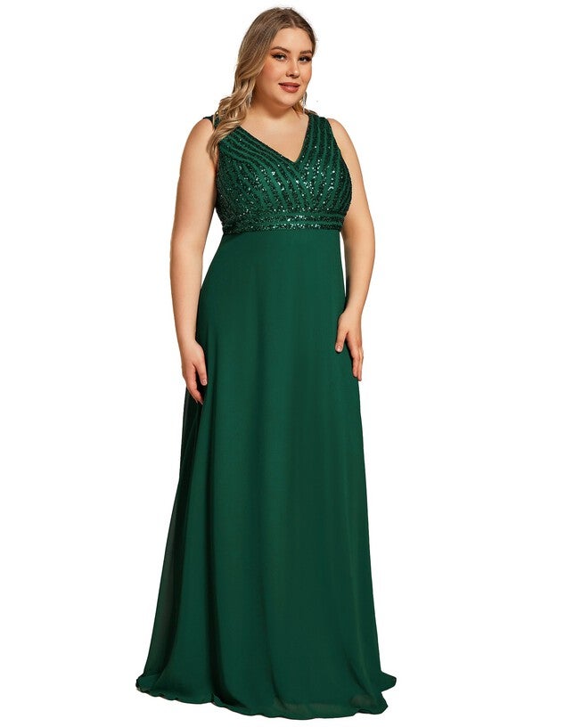 Sequin Sleeveless Double V-Neck Formal Evening Dress, Dark Green / Forest Green, alternate image number 3