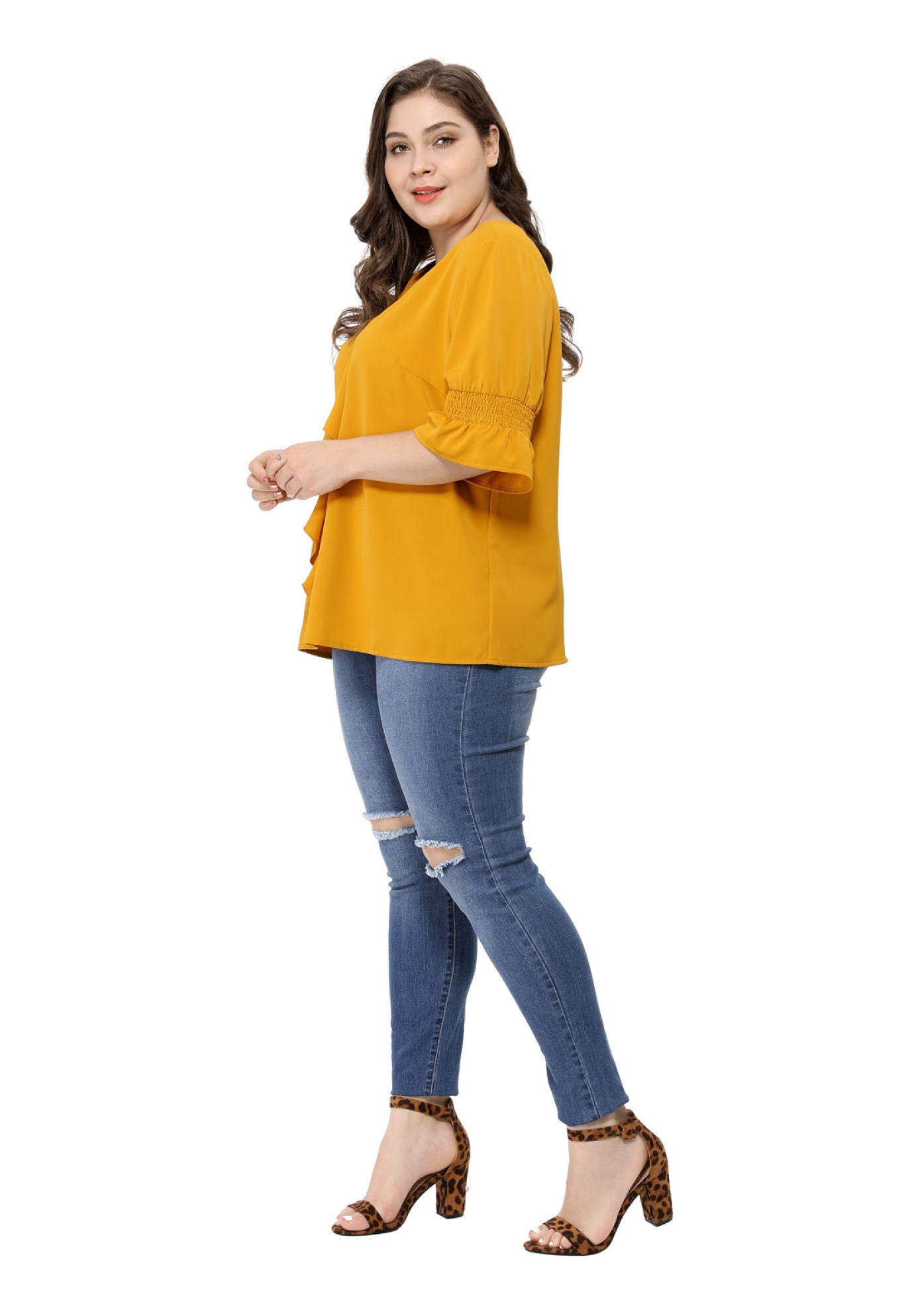 Ruffle Blouse V Neck Smocked Sleeves Top, Yellow / Yellow, alternate image number 2