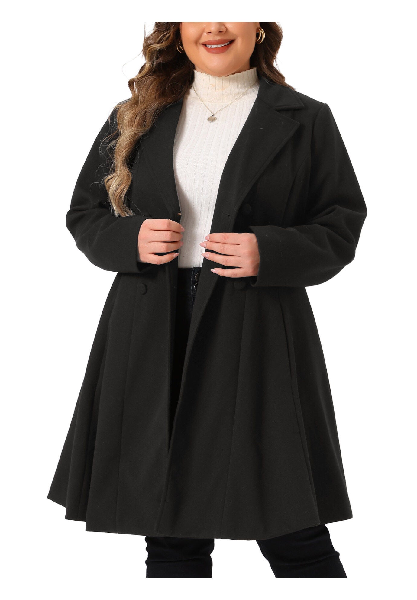 Notch Lapel Double Breasted A Line Peacoat Trench Coat, Black / Black, alternate image number 2