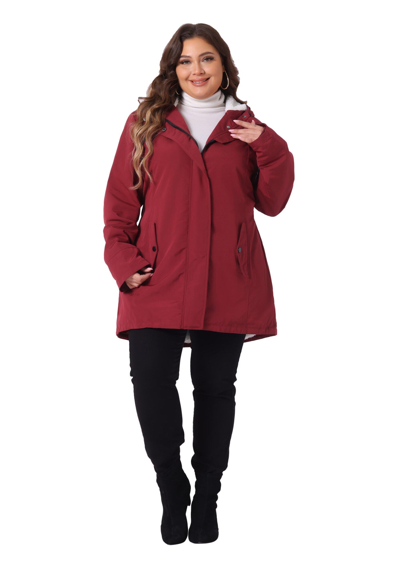 Faux Lamb Fur Leather Button Down Hoodie Parka Coat, Burgundy / Red, hi-res image number 0
