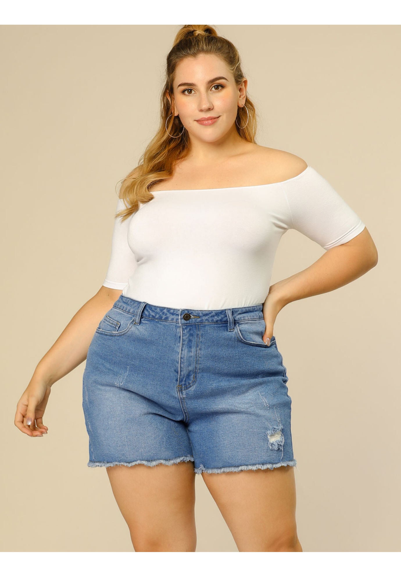 HIGH WAISTED RIPPED STRETCHY DENIM JEAN SHORTS, Light Blue / Light Blue, hi-res image number 0