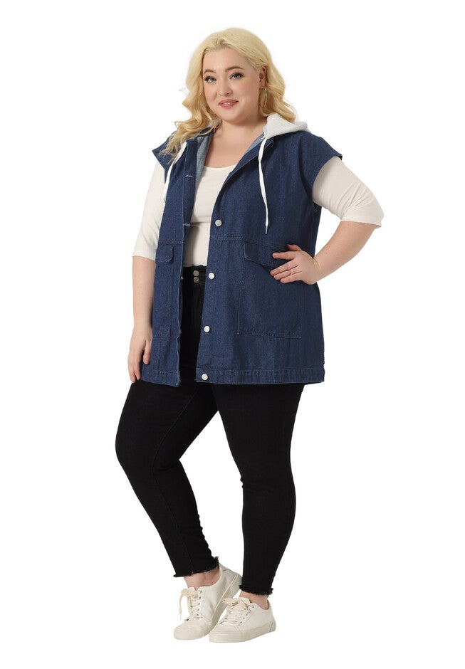 DRAWSTRING HOOD UTILITY LONG JEAN DENIM JACKET VEST, Dark Blue / Navy, hi-res image number 0