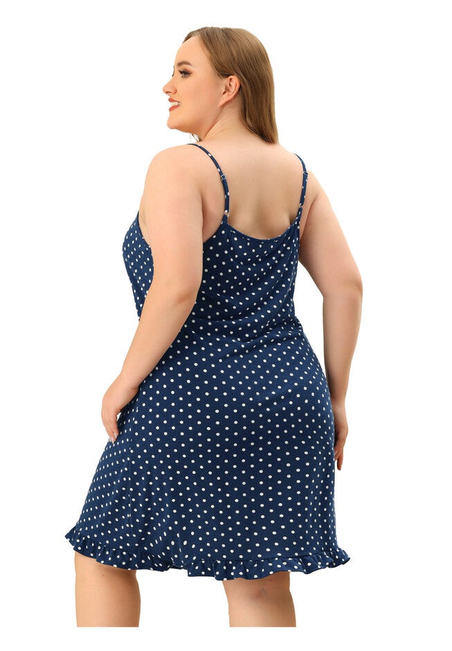 Sleeveless Polka Dots Ruffle Hem Cami Sleepwear Dress, Navy Blue / Navy, alternate image number 3