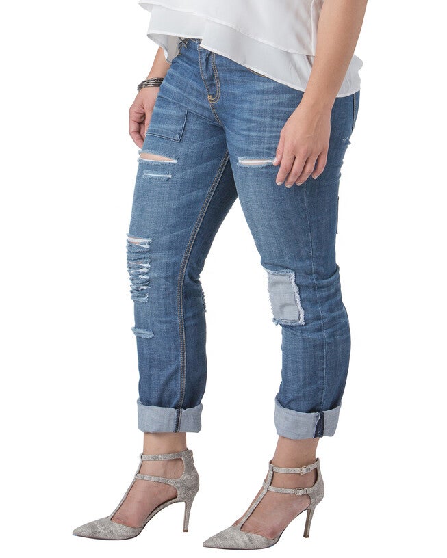 X-Boyfriend Destroyed Patched Low Rise Jeans, 2812REPAIR / Light Wash, alternate image number 1