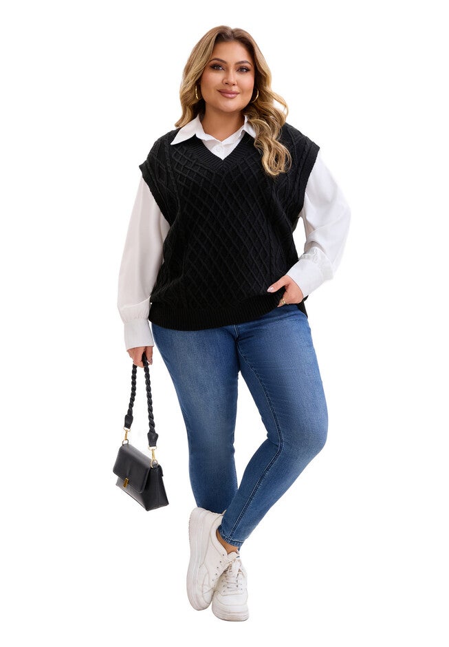 V Neck Knit Solid Ribbed Pullover Sweaters Vest, Black / Black, hi-res image number null