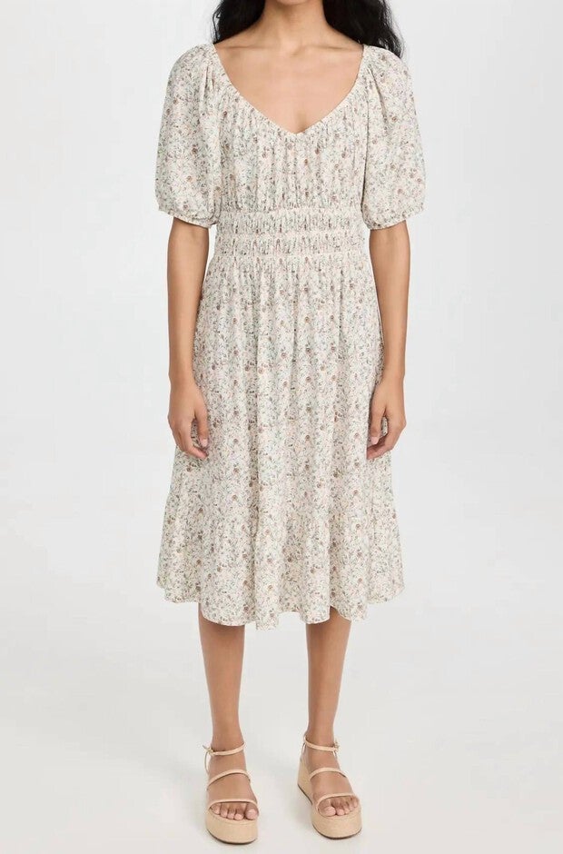 FABIA SHIRRED MIDI DRESS IN MEADOW, Meadow / Beige, alternate image number null