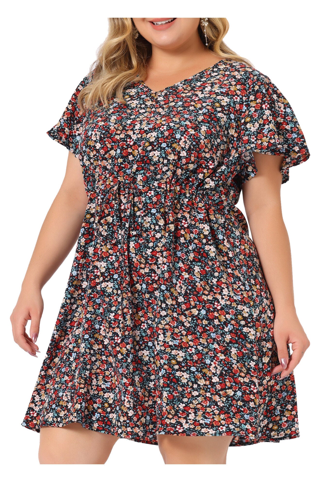 Floral Drawstring Waist V Neck Dress, Black Red / Black, alternate image number 2