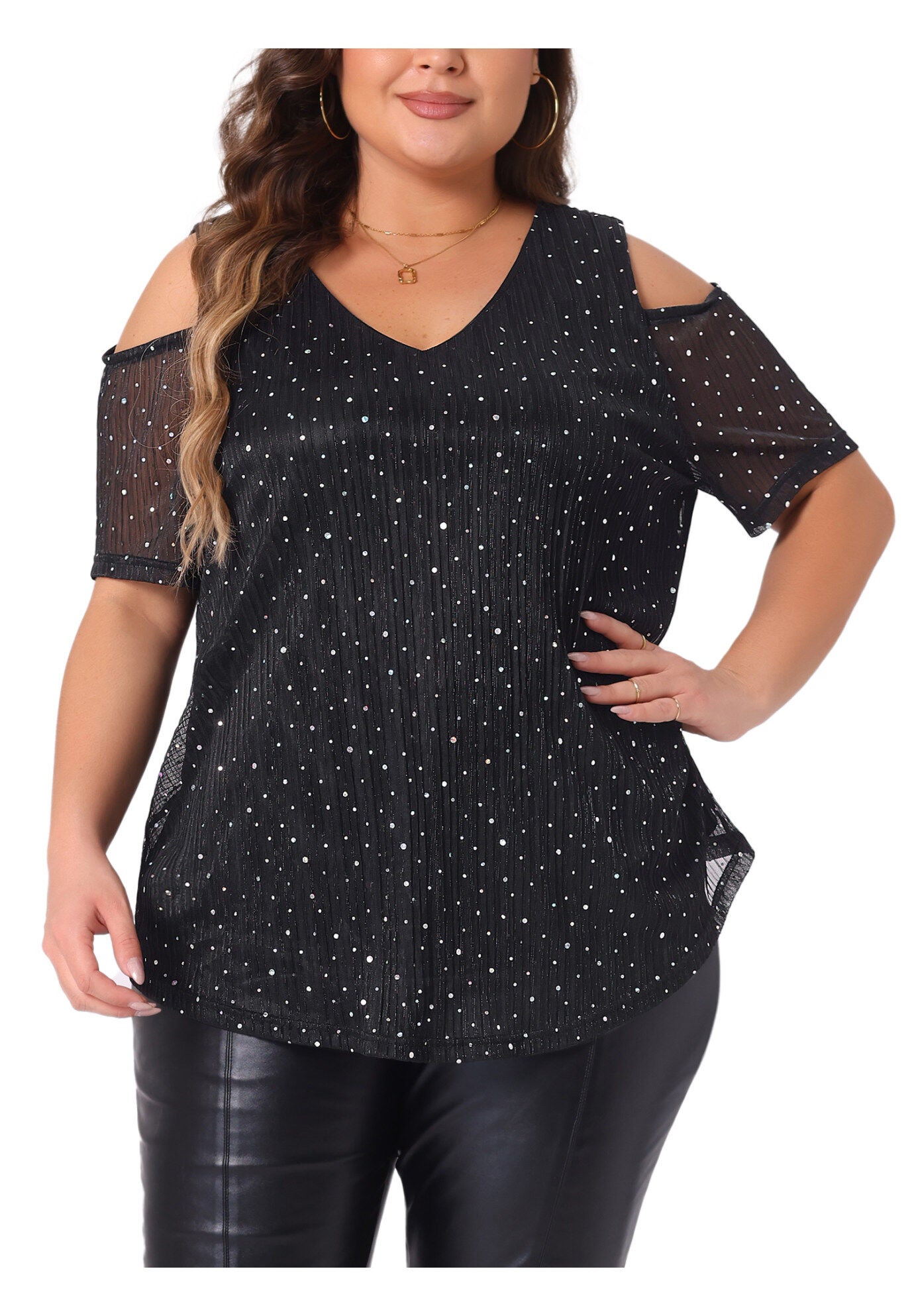 GLITTER SEQUIN COLD SHOULDER SHORT SLEEVE TOP, Black / Black, alternate image number 2