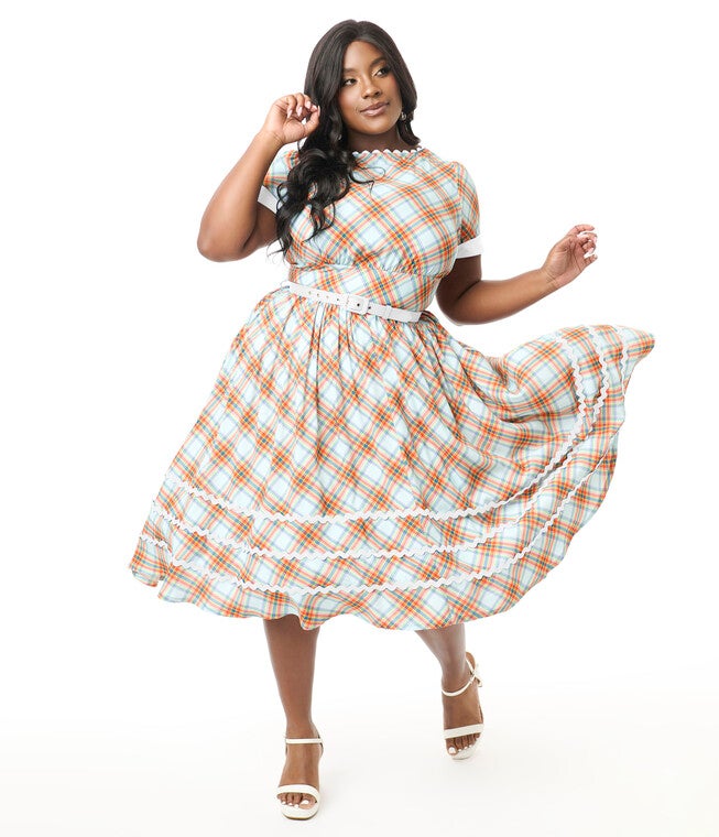 Unique Vintage Plus Size Rainbow Plaid Swing Dress, Light Blue / Light Blue, hi-res image number null