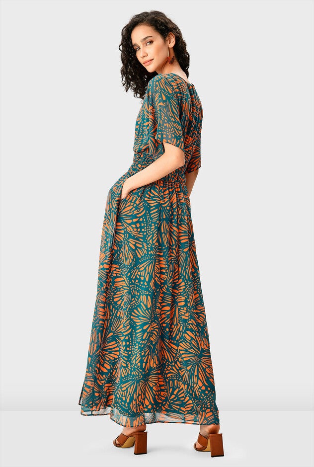 Graphic butterfly print georgette smocked waist dress, Deep teal / Teal, alternate image number null