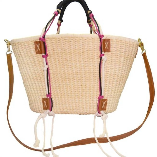 Open Weave Beach Basket Bag in Natural Staw/Camel Leather, Natural StawCamel Leather / Beige, hi-res image number null