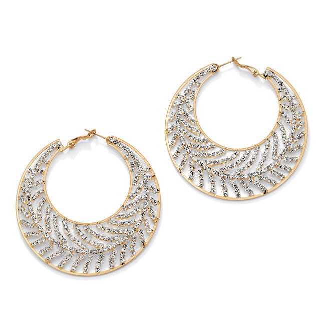 Round Crystal Goldtone Leaf Hoop Earrings 2 1/3 inches, White / White, hi-res image number 0