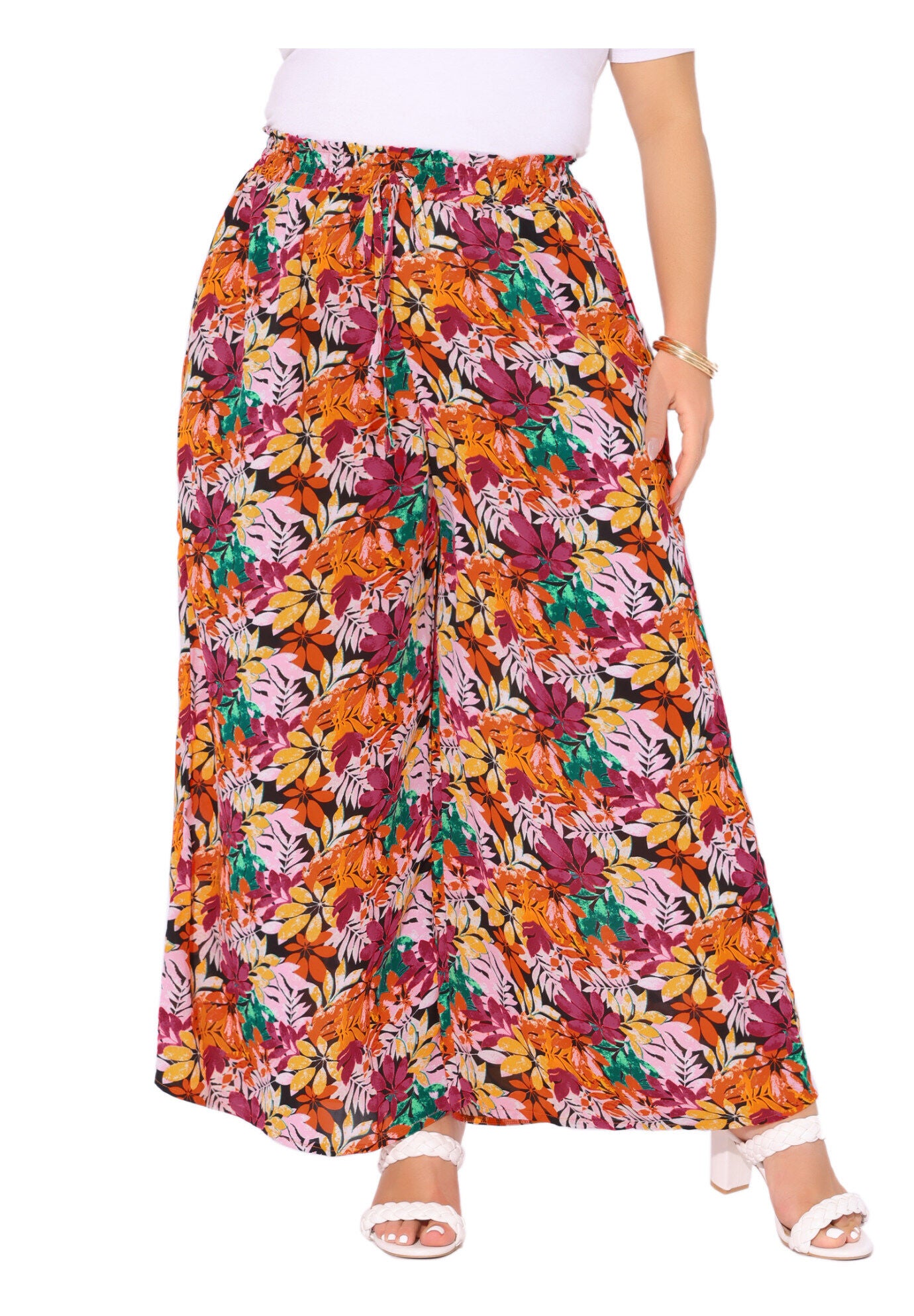Wide Leg Floral Palazzo Pants Flowy Beach Trousers with Pocket, Black Red / Burnt Orange, alternate image number 1