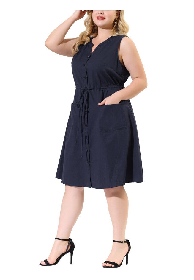 V Neck Sleeveless Pocket Drawstring Waist Midi Work Shirt Dress, Dark Blue / Navy, alternate image number 1