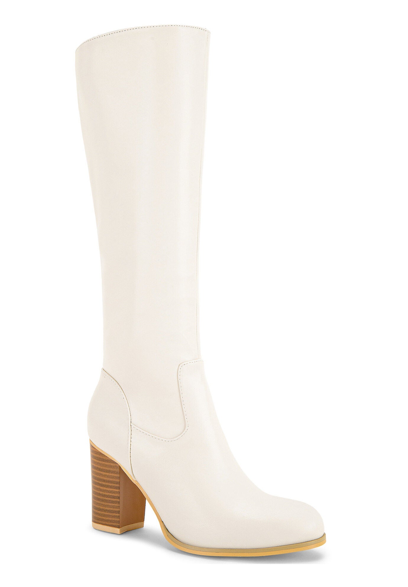 Round Toe Stacked Block Heels Knee High Boots, Cream / Cream, hi-res image number 0