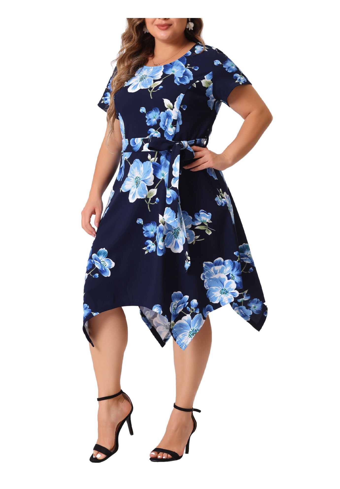 Printed Retro High Low Short Sleeves Dress, Blue White / Navy, alternate image number 1