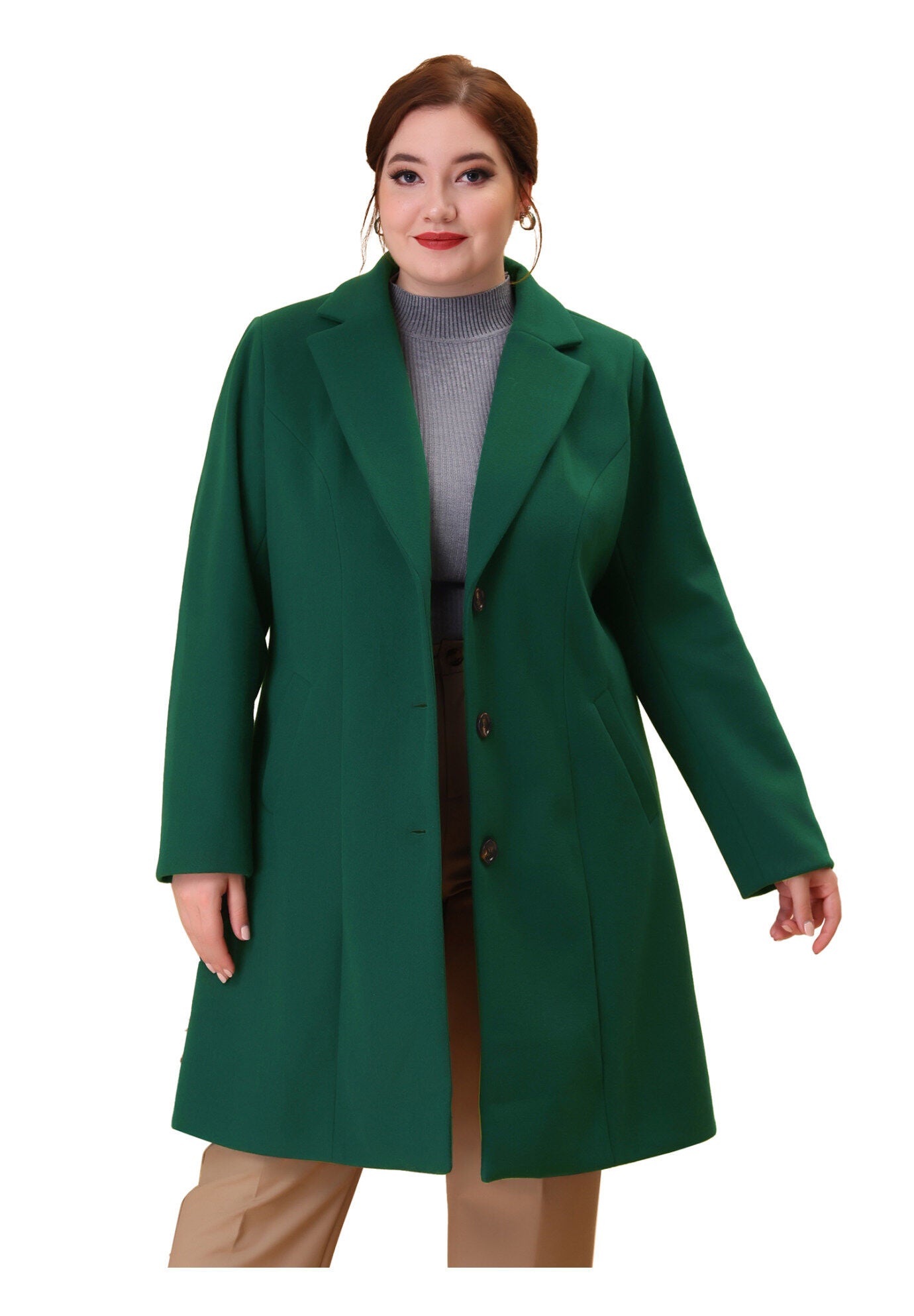 SINGLE BREASTED NOTCHED LAPEL LONG WINTER COAT, Green / Forest Green, alternate image number 2