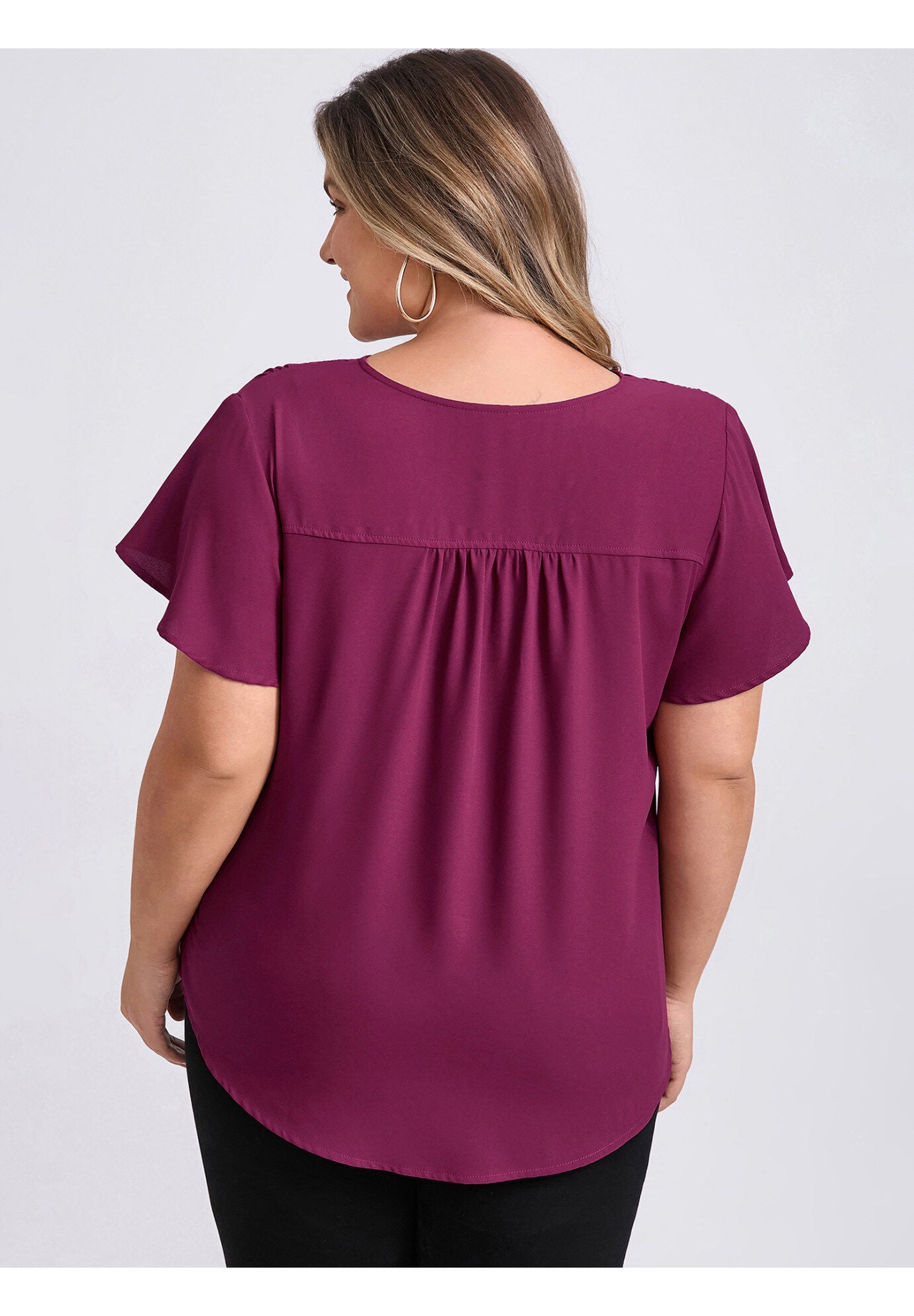 Pleated Ruffle Short Sleeve V Neck Button Decor Blouse Top, Purple Red / Red, alternate image number 2
