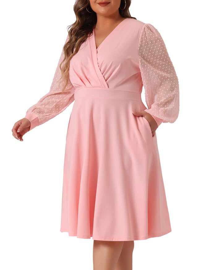 Long Sleeve Swiss Dots Formal Knee Length Dress, Pink / Pink, alternate image number null