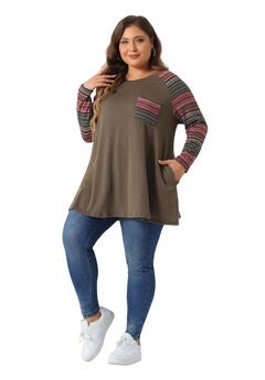 Raglan Color Block Knit Pullover Shirt Tunic Top with Pockets