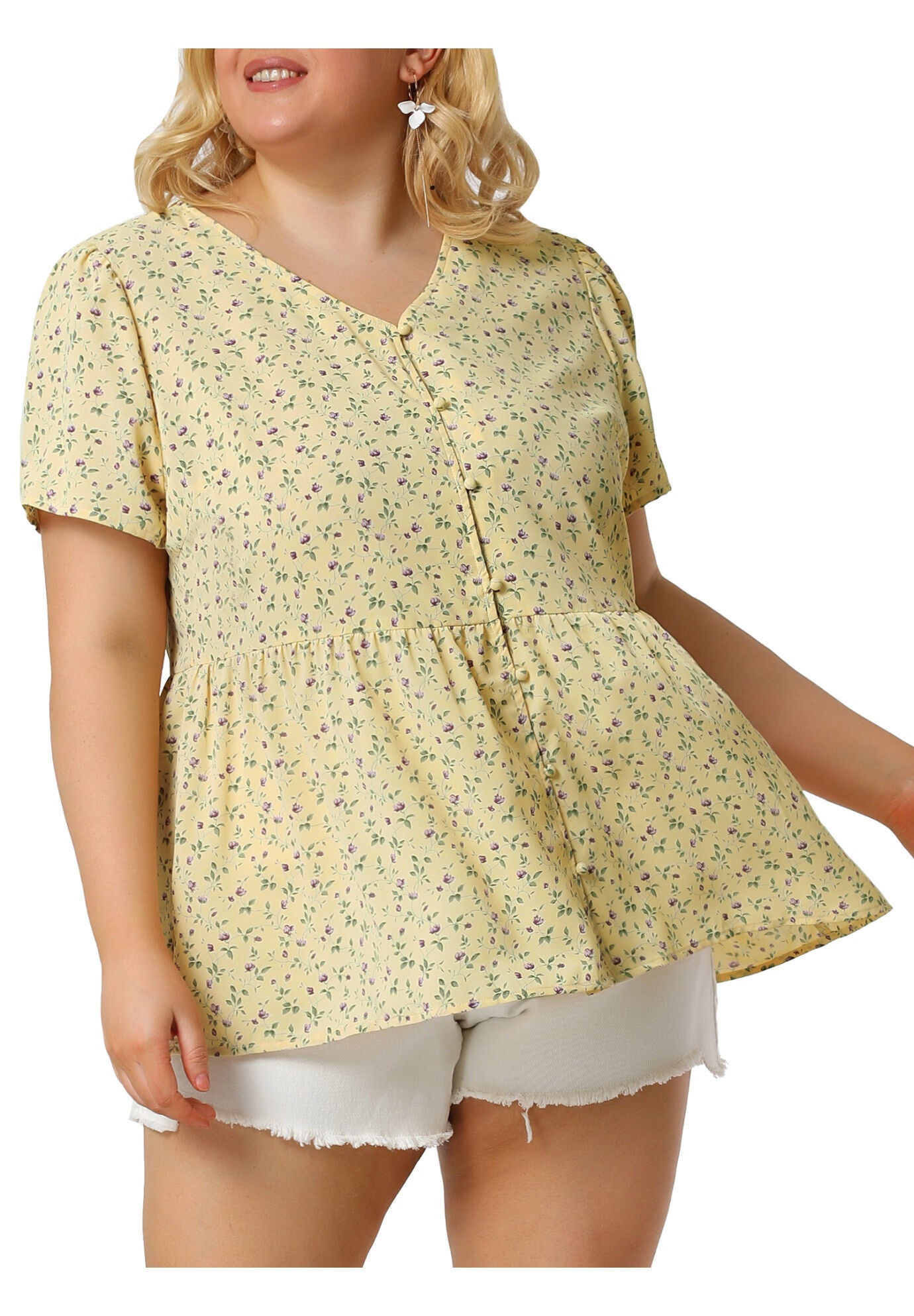 Chiffon Shirt V Neck Ruffle Short Sleeve Floral Peplum Top, Yellow / Yellow, alternate image number 2
