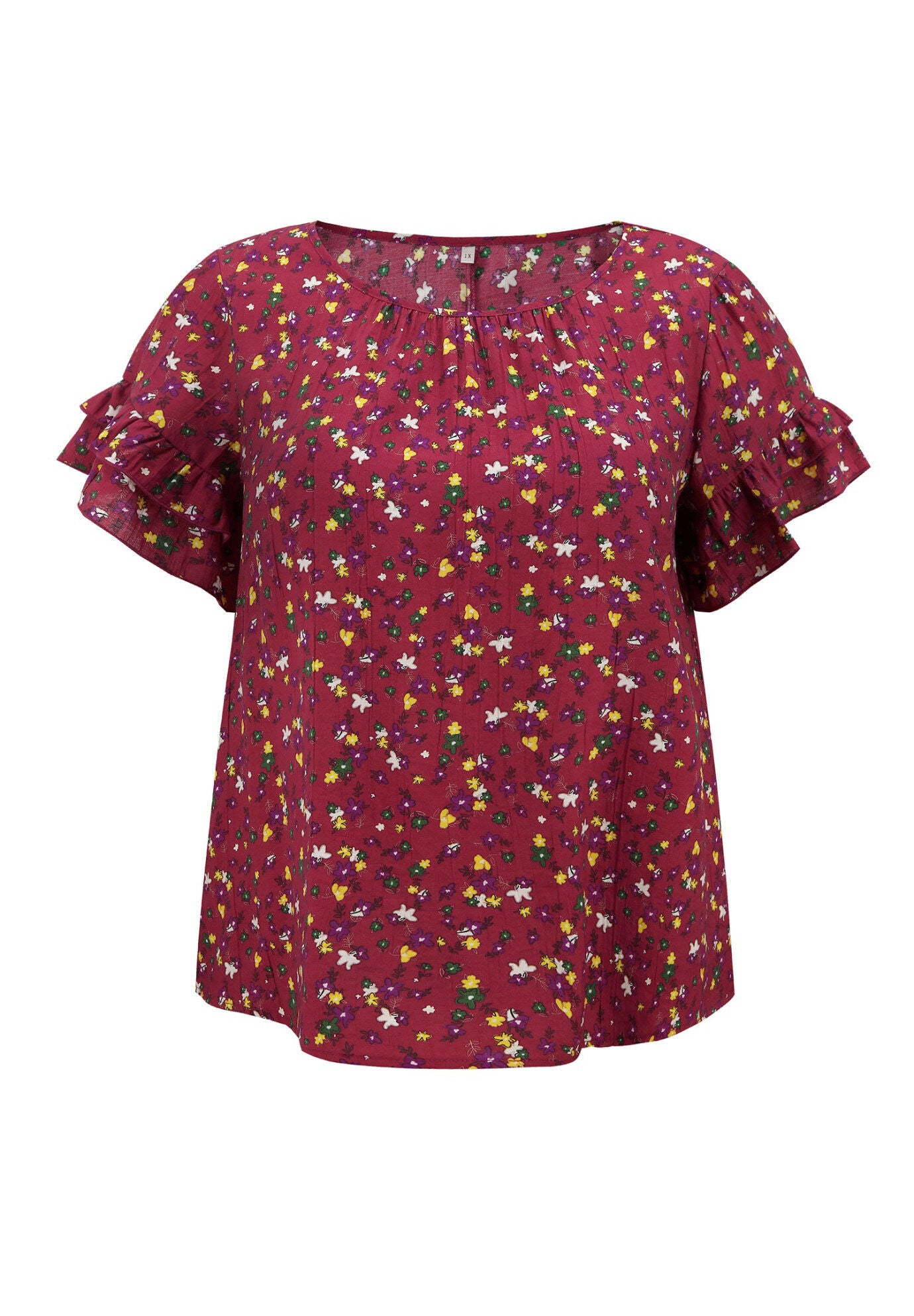 Floral Print Blouse Crew Neck Double Layer Ruffles Short Sleeve Top, Red / Red, alternate image number 3
